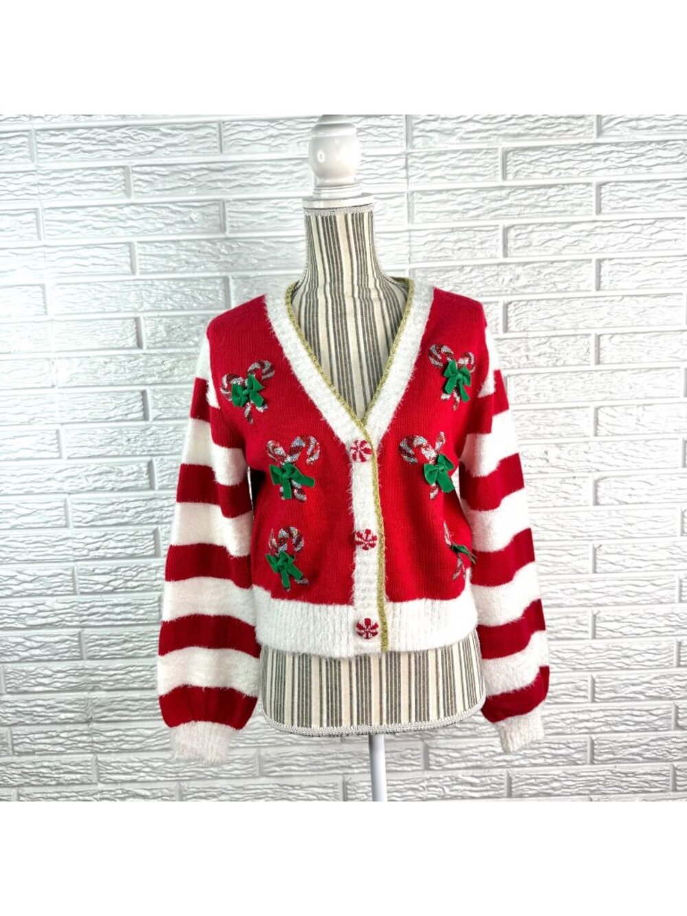 Jolly Sweaters Cropped Candy Cane Christmas Cardigan Sweater Size Small